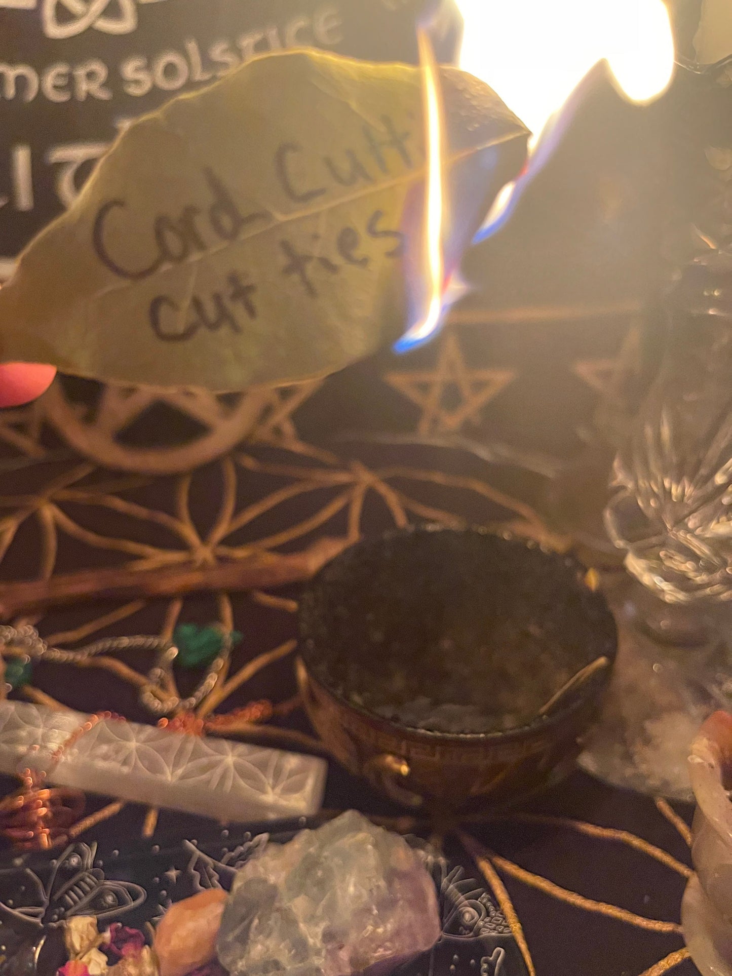 Symbolic Cord Cutting Spell – Release Toxic ties- using candles and bay leaf release intentions to cut ties- no actual cord ceremony