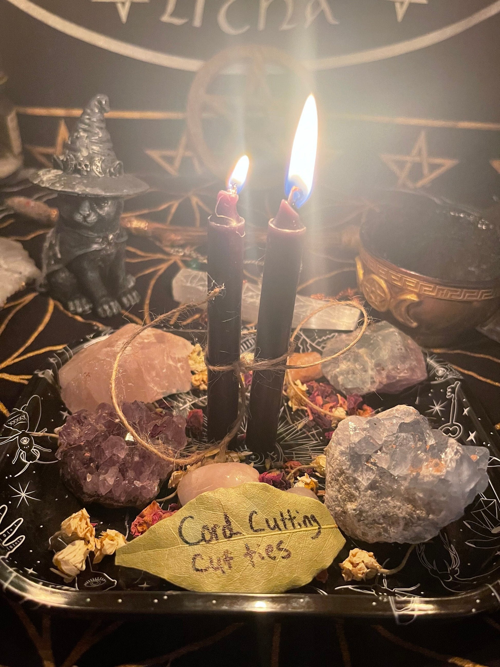 Symbolic Cord Cutting Spell – Release Toxic ties- using candles and bay leaf release intentions to cut ties- no actual cord ceremony